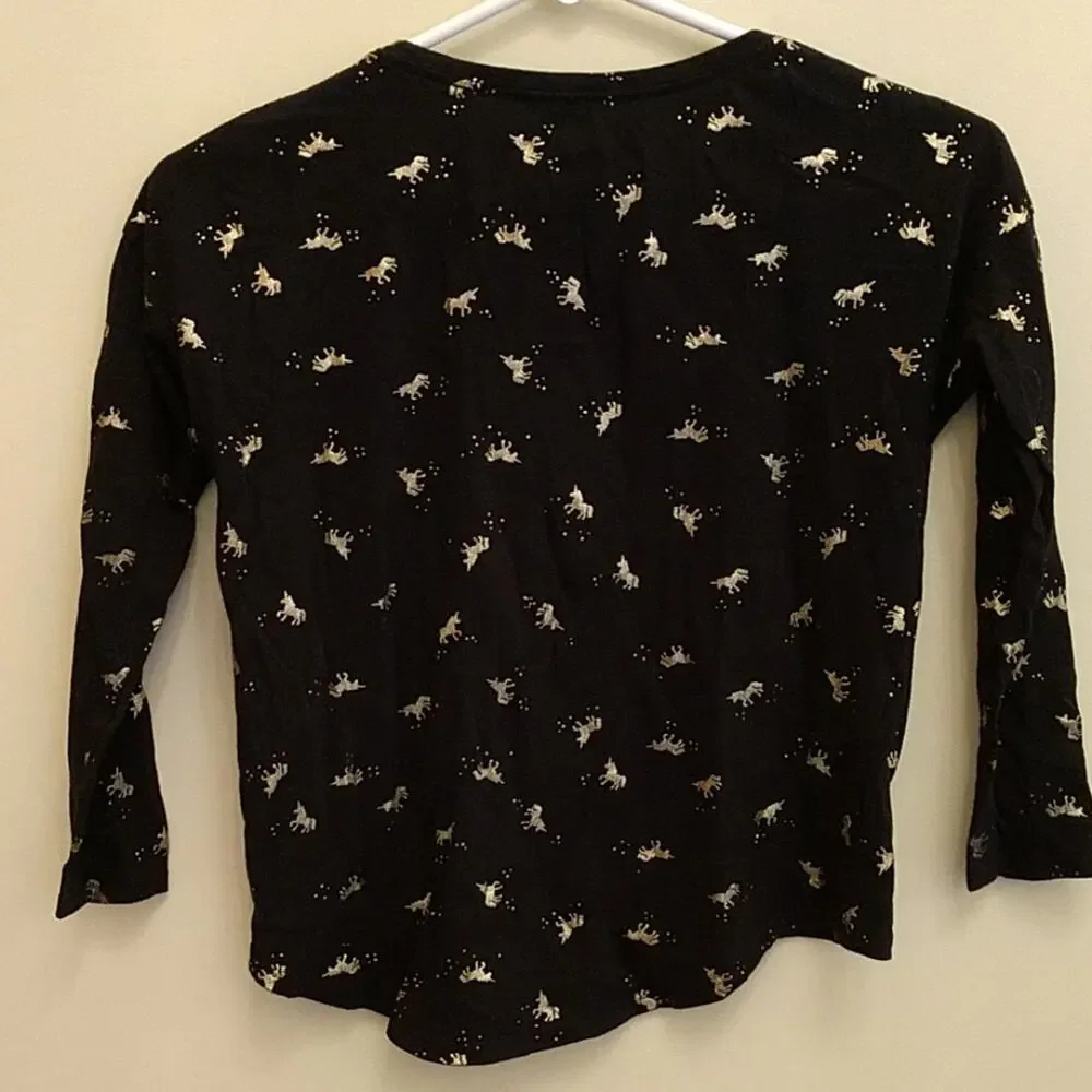 Old Navy Black Hi Lo Gold Unicorn Tee GIRLS size Medium 8 Long Sleeve